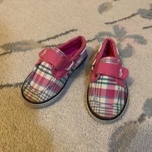 Girls Polo Boat shoes canvas pink plaid, size 8, Velcro closure